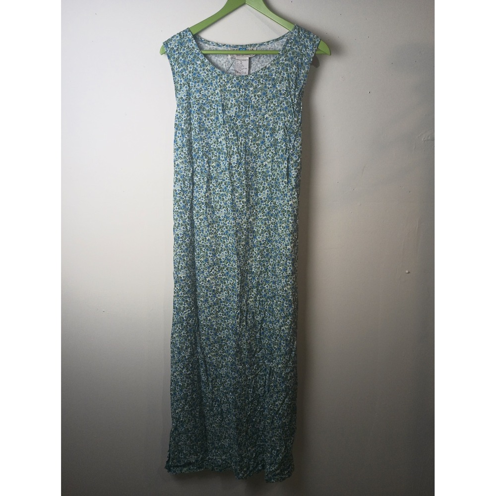 True Blue Vintage Floral Maxi Dress XL Green Blue Cottagecore Rayon Tie Back